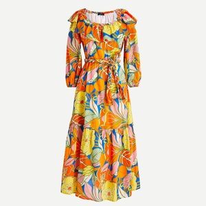 J. Crew Belted Dress in Tropical Floral Midi Sleeves